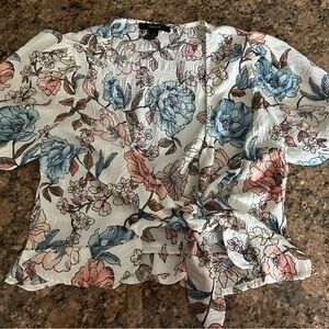 Forever 21 Blue and Pink Floral Wrap Blouse Short Sleeve